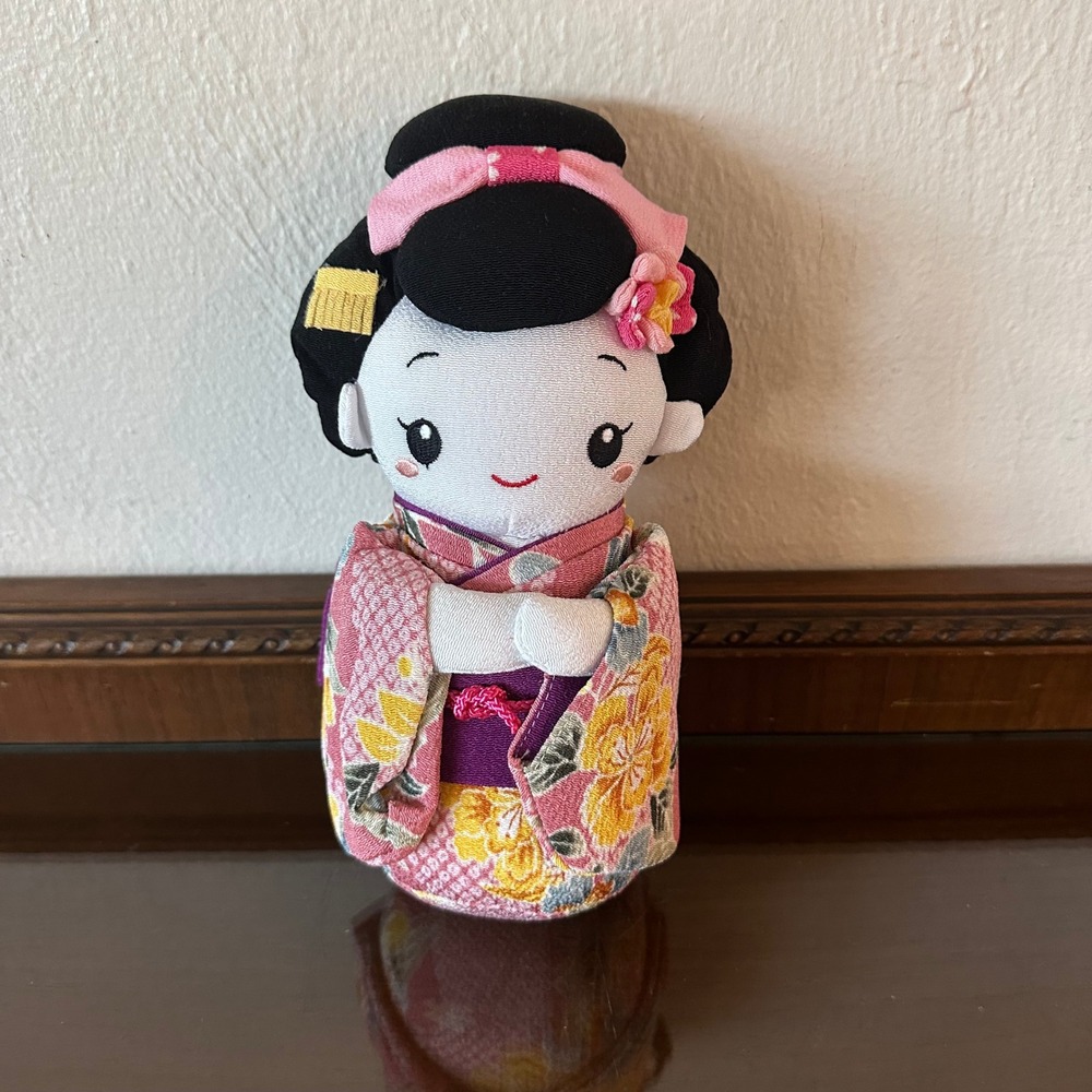 Japanese Kokeshi Plush Doll Pink Floral Kimono Purple Obi Bow Soft Toy 10''